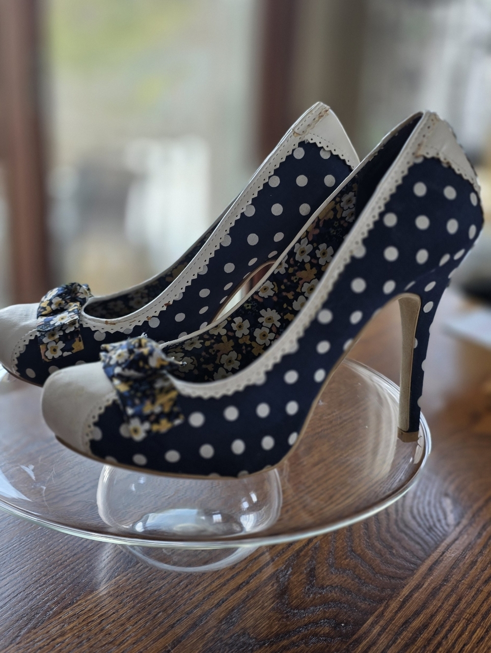 Hot Rated Polka Dot Heels Navy Blue White Bow Vintage Pumps